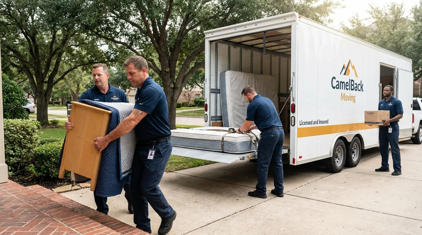 Crew loading residential truck for cross-state move from Plymouth, MI