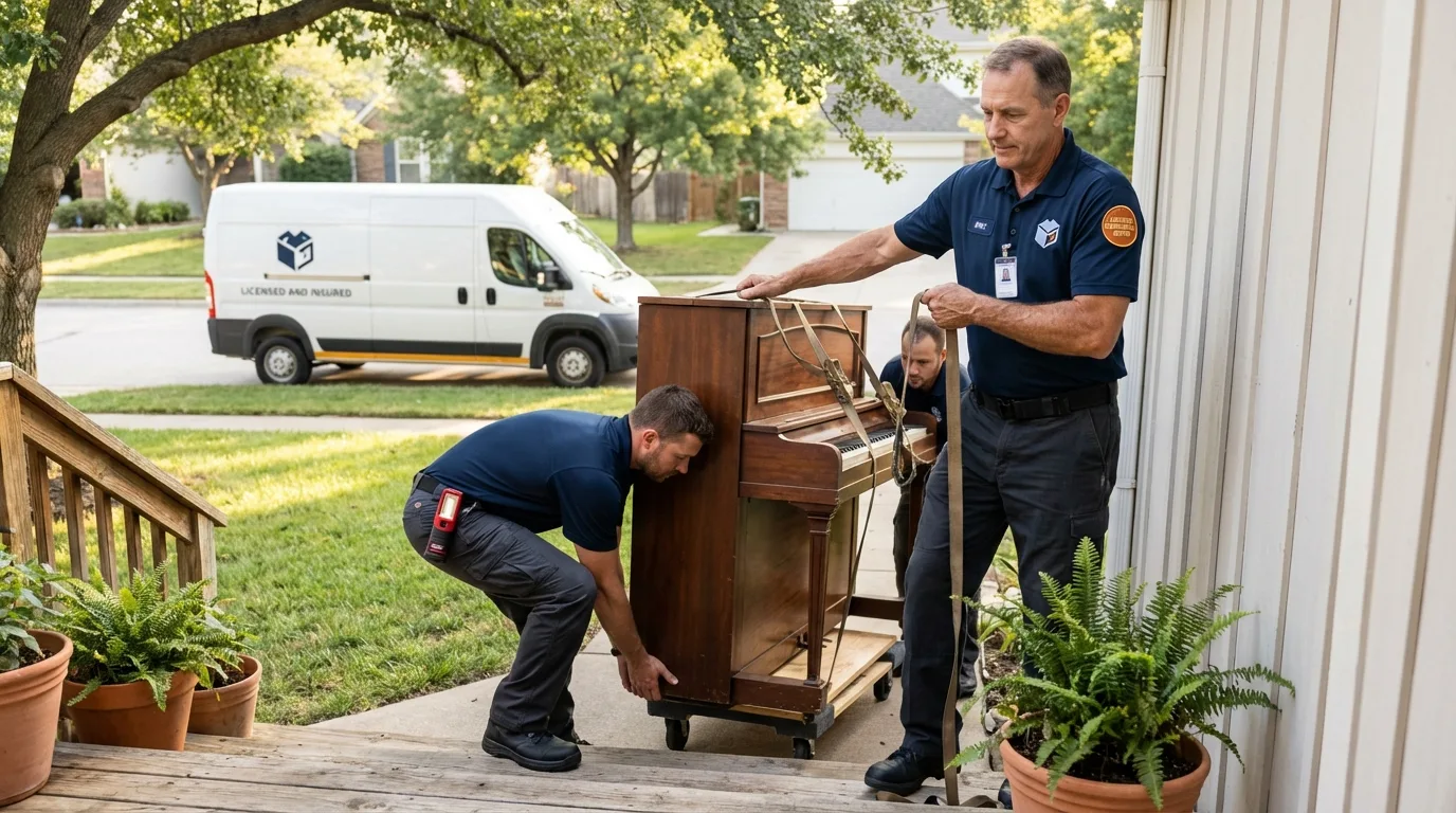 Licensed piano movers securing grand piano in Plymouth, MI