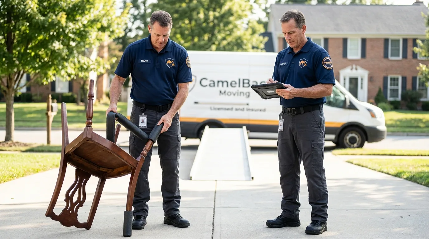 Movers inspecting furniture for damage prevention before loading in Plymouth, MI