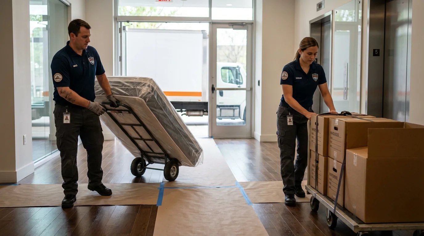 Professional apartment movers loading elevator in Plymouth, MI