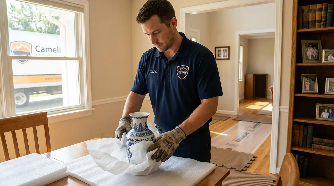 Professional crew carefully wrapping antique vase for senior downsizing move in Plymouth, MI